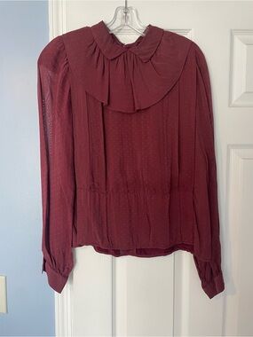 Vintage Handmade Burgundy long sleeve Ruffled Collar Blouse, polka dot, S